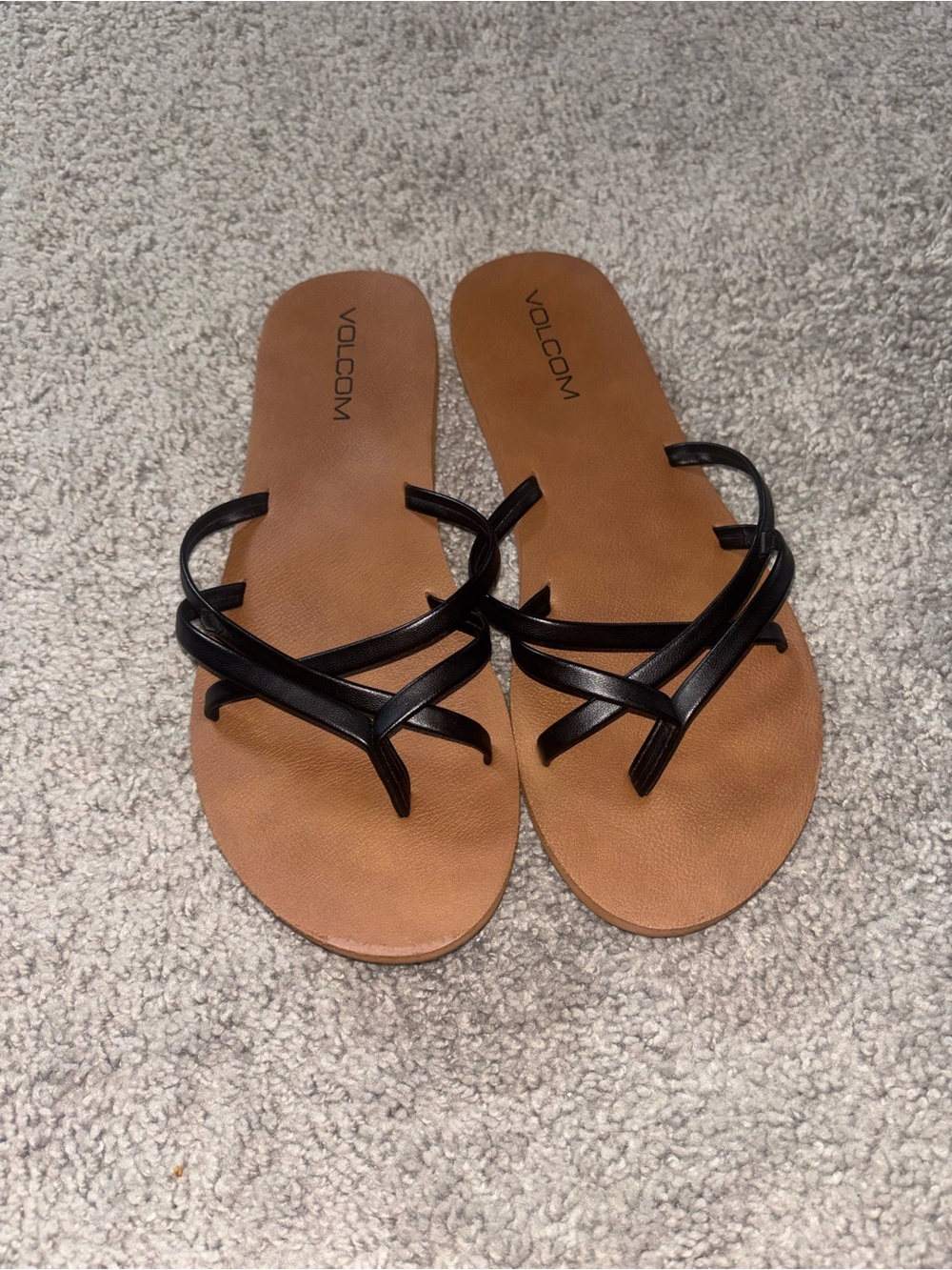 Volcom Black Strappy Toe-Loop Slide Sandals with Tan Footbed